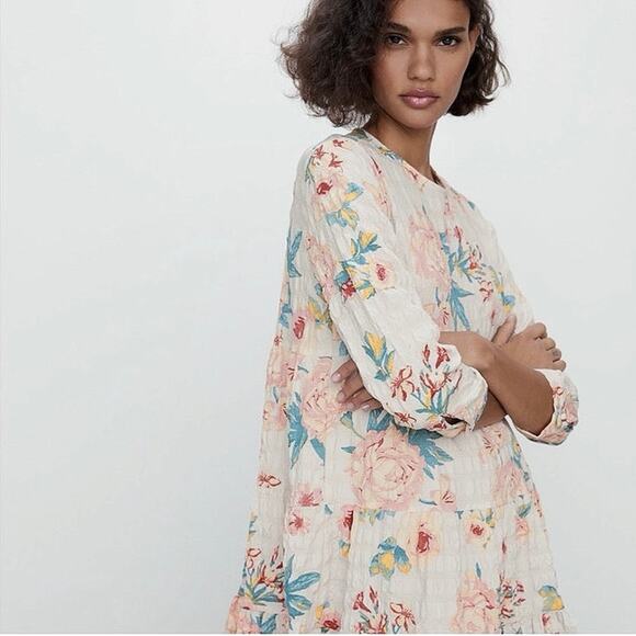Zara Multicolor Floral Textured 3/4 Sleeve Tiered Flounce Hem Mini Shift Dress M - Picture 2 of 16